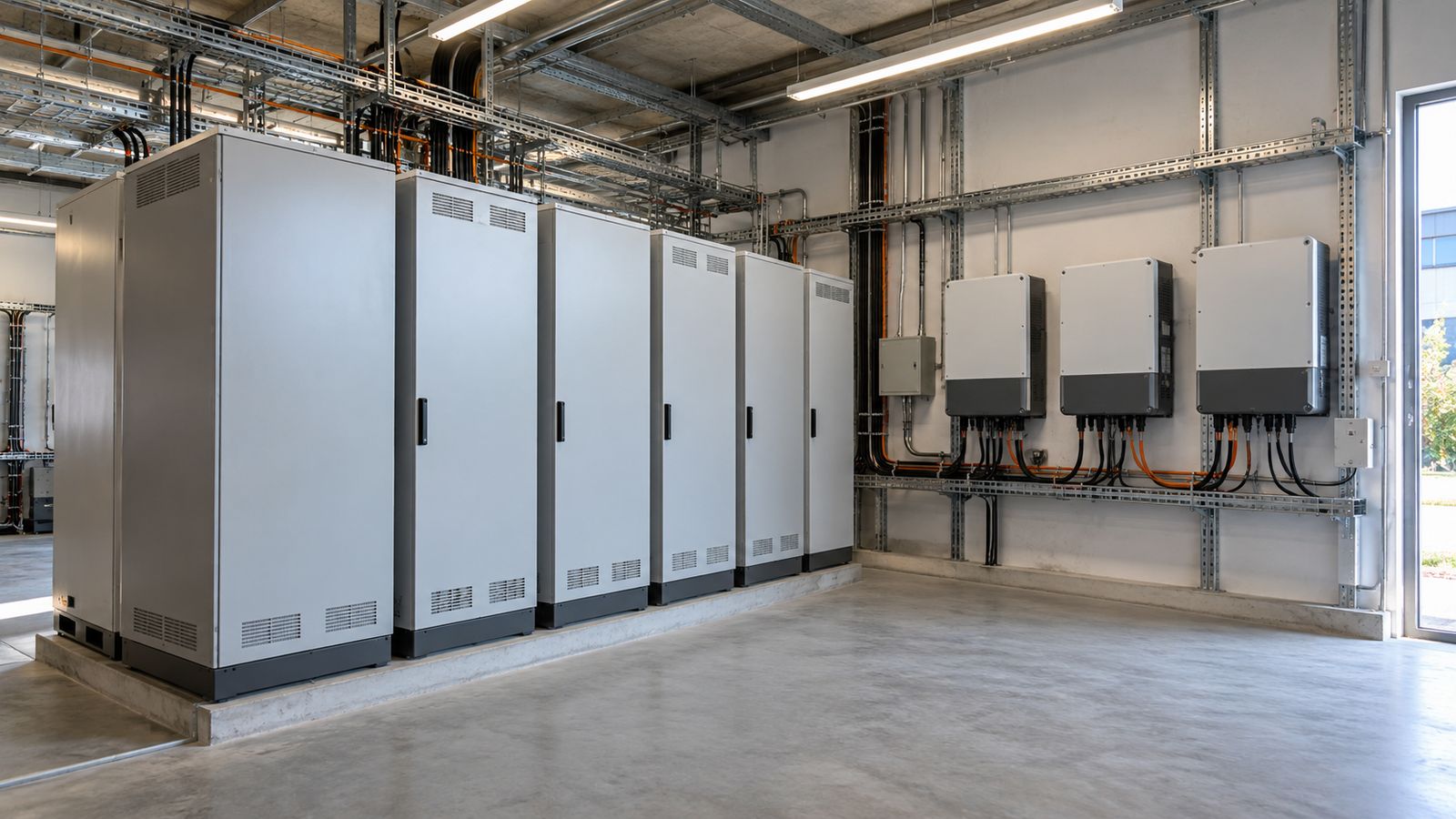 Gewerbliche Batterieschränke und Wechselrichter in einem Technikraum mit Kabeltrassen